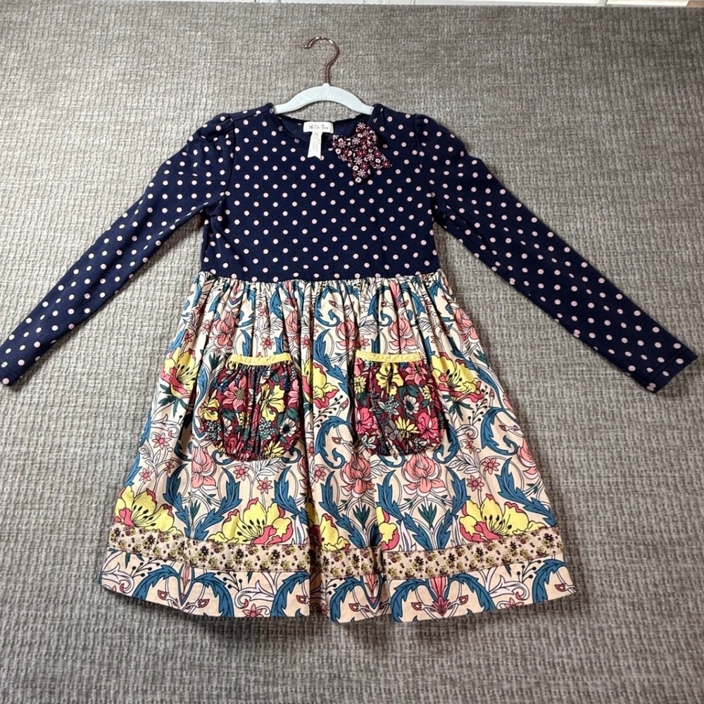 Matilda Jane Girls Navy Pink Polka Dot Floral Long Sleeve Dress Size 6 18011D